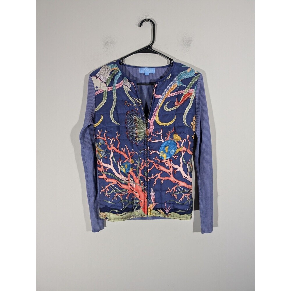 J. McLaughlin Navy Blue Coral Print Cardigan with Lavender Sleeves